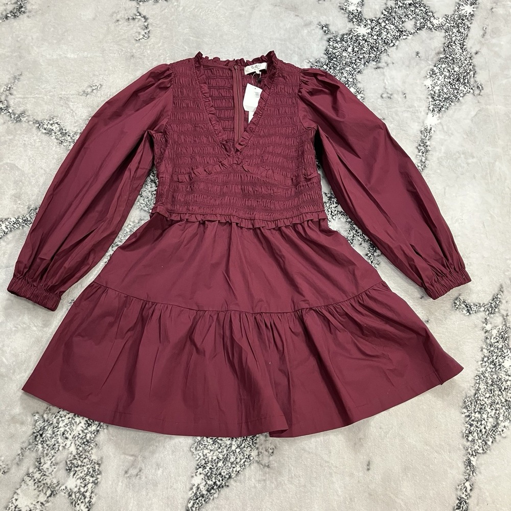 Sea New York NWT Burgundy Smocked Puff Sleeve Mini Dress Womens Size 14